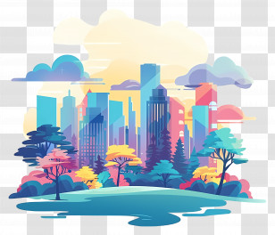 Downtown Landscape - Colorful City Skyline With Trees And Natural Scenery Transparent PNG