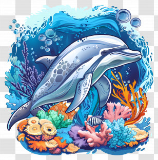 Underwater Wildlife - Dolphins Swimming In A Vibrant Coral Reef Illustration Transparent PNG