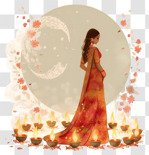 Karwa Chauth - Elegant Woman With Diya Lamps For Diwali Celebration Transparent PNG