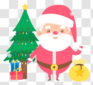 Cartoon Character - Santa Claus With Decorated Christmas Tree And Gifts Transparent PNG