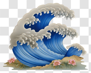 Chinese Painting Ocean Wave - Decorative Blue Crashing Wave Transparent PNG