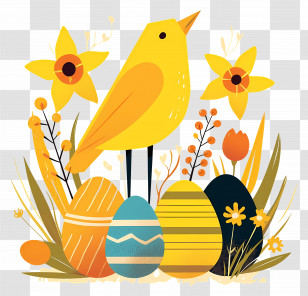 Easter Background - Yellow Bird With Flowers And Easter Eggs Transparent PNG