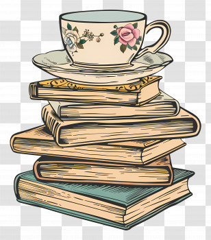 Books Drawing - Stack Of Books With A Floral Teacup On Top Transparent PNG