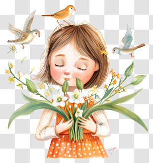 Spring Flower - Girl With Flowers And Birds Illustration Transparent PNG
