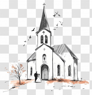 Wedding Church - Charming Wedding Chapel With Couple Illustration Transparent PNG