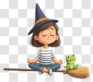 Witch Sitting On Broom - Meditating Witch On Broom With Frog Transparent PNG
