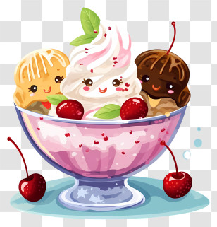 Ice Cream Sundae - Delightful Ice Cream Sundae Cartoon With Cherries Transparent PNG
