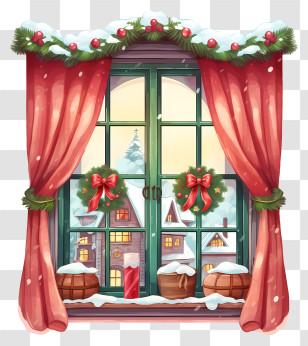 Snow Covered Window - Cozy Christmas Window With Festive Decorations Transparent PNG