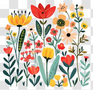Flower Garden Cartoon - Colorful Illustrated Blooming Flowers Transparent PNG