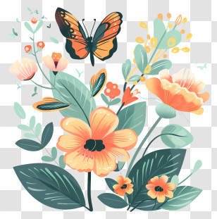 Butterfly - Nature Illustration With Flowers And Butterfly Transparent PNG
