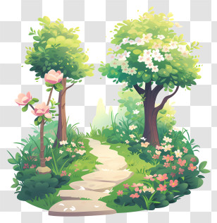 Spring Garden Path - Serene Garden Path With Flowering Trees Transparent PNG