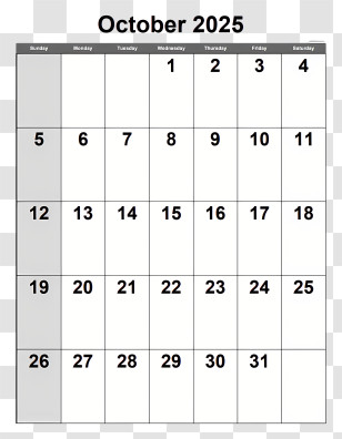October 2025 Calendar - October 2025 Calendar Transparent PNG