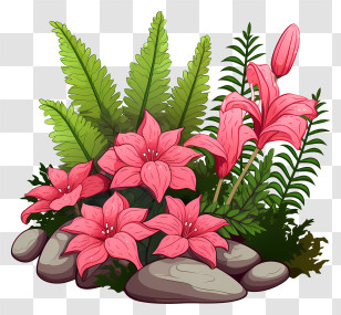 Plant With Pink Flowers - Pink Lilies With Green Ferns And Stones Transparent PNG