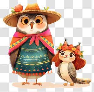 Cute Owl - Colorful Owl And Cat With Hat And Flowers Transparent PNG