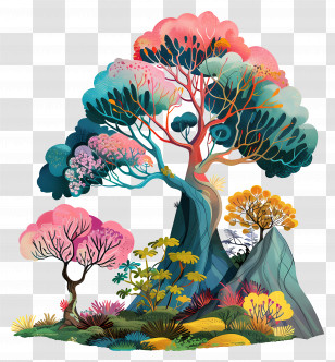 Mountain Tree - Colorful Fantasy Tree Illustration Transparent PNG