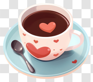 Coffee Cup - White Cup With Red Hearts And Saucer Design Transparent PNG