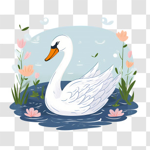 Swan - Swan In A Floral Pond Transparent PNG