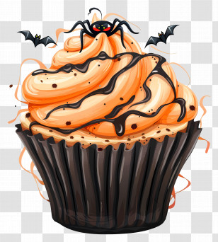 Halloween Cupcake - Halloween Themed Cupcake With Spider And Bats Transparent PNG