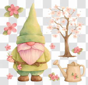 Spring Gnome - Cute Garden Gnome With Cherry Blossoms Illustration Transparent PNG