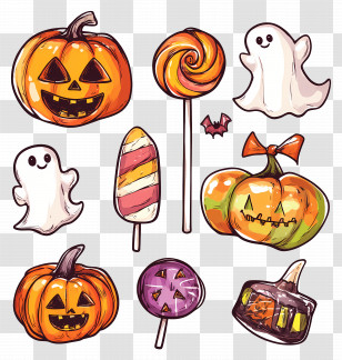 Halloween Candy - Halloween-Themed Illustration With Pumpkins And Ghosts Transparent PNG