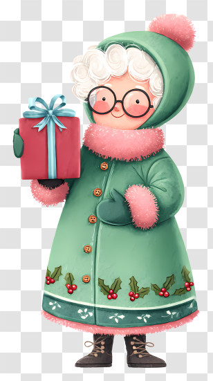 Cartoon Woman In Winter Clothing - Grandma With Christmas Gift Illustration Transparent PNG