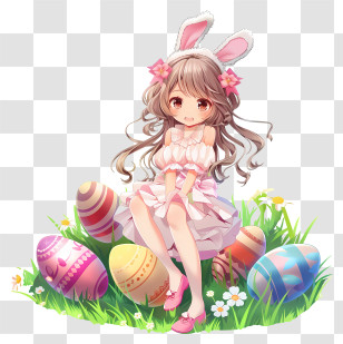 Anime - Cute Girl With Bunny Ears And Easter Eggs Transparent PNG