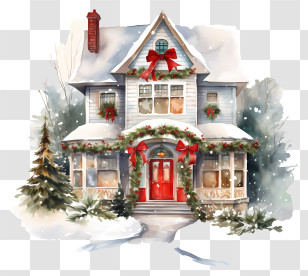 Watercolor Painting - Beautiful Festive Winter House Decorated For Christmas Transparent PNG