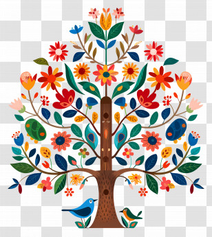 Flower Tree - Decorative Tree With Colorful Flowers And Birds Transparent PNG