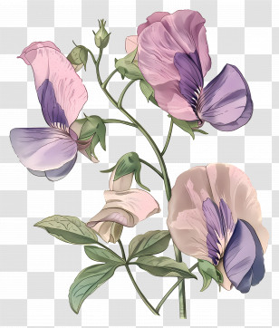 Vintage Flowers - Purple Sweet Pea Flowers Botanical Illustration Transparent PNG