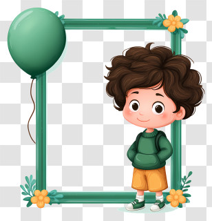 Cartoon Kid Frame - Cute Boy With Green Balloon And Frame Transparent PNG