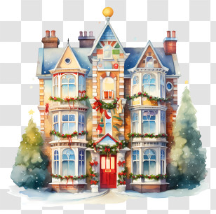 Two Story Brick Building - Beautiful Holiday House With Festive Decorations Transparent PNG