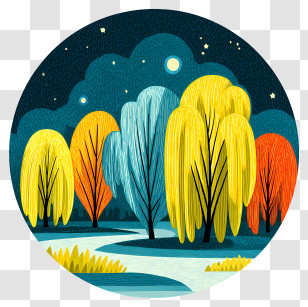 Willow Trees In Night Scene - Colorful Trees In A Night Landscape Transparent PNG
