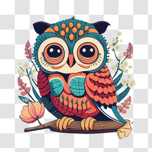Cartoon Owl - Colorful Owl On A Branch Illustration Transparent PNG