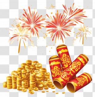 Chinese New Year - Fireworks And Gold Coins For Chinese New Year Transparent PNG