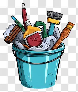 Cartoon Illustration - Bucket Of Cleaning Supplies Transparent PNG