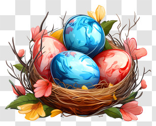 Easter Egg - Colorful Easter Eggs In Floral Nest For Spring Celebration Transparent PNG