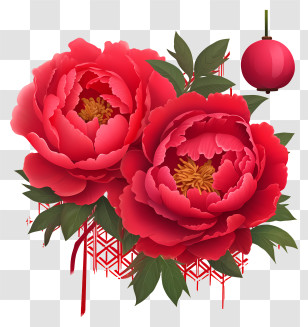 Realistic Chinese New Year Peony - Red Peony Flowers With Lantern Illustration Transparent PNG