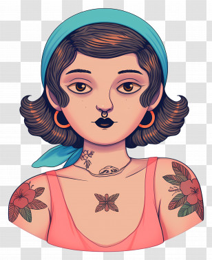 Retro Girl Tattoo - Tattooed Girl With Headscarf Transparent PNG