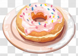Donut - Pink Glazed Donut With Sprinkles On A Plate Transparent PNG