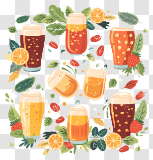 Homebrew Day - Various Beer Glasses With Fruits And Leaves Transparent PNG