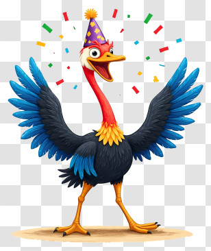 Playful Cartoon Ostrich - Festive Party Bird With Confetti Transparent PNG