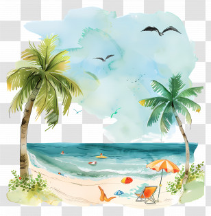 Summer Beach Scene - Tropical Beach Scene With Palm Trees And Ocean Transparent PNG