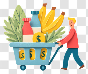 Grocery Shopping Basket - Shopping Cart Filled With Groceries And Money Transparent PNG