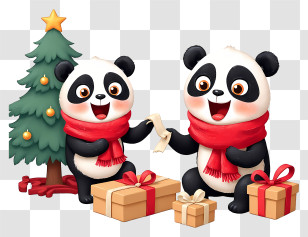 Panda Wrapping Christmas Gifts - Festive Pandas With Gifts Transparent PNG
