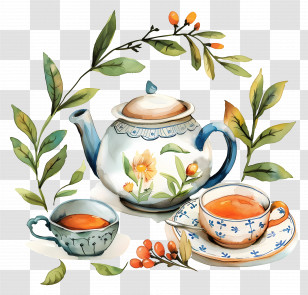 Tea - Floral Tea Set With Cups And Leaves Transparent PNG