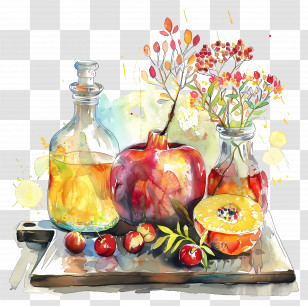 Watercolor Shavuot - Watercolor Still Life With Bottles And Fruits Transparent PNG