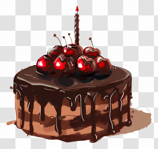 Chocolate Cake - Chocolate Birthday Cake With Cherries And Candle Transparent PNG