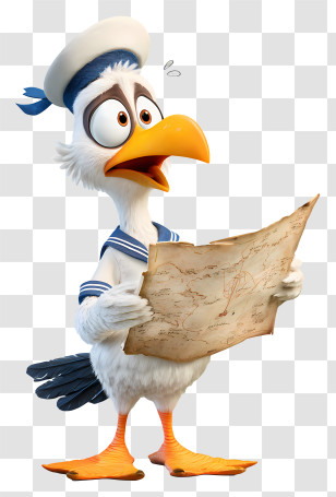 Seagull Sailor Holding Parchment Map - Surprised Seagull Navigator With Map Transparent PNG