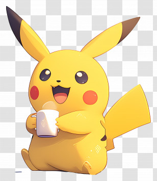 Pikachu - Illustration Of Pikachu Holding A Cup Transparent PNG