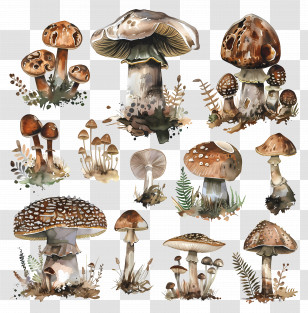 Variety Of Mushrooms In Watercolor Style - Beautiful Watercolor Mushroom Varieties Transparent PNG